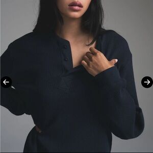 SKIMS NWT Oversized Cotton Heavy Weight Long Sleeve Waffle Knit Henley NAVY XS